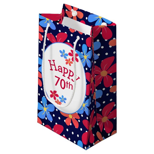 Sacola Para Presentes Pequena 70 Birthday Daisies Em Bolinhas (Frente inclinada)