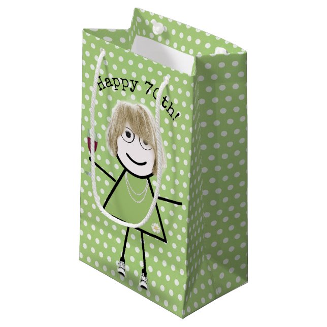 Sacola Para Presentes Pequena 70 Birthday Stick Girl with Wine Glass (Frente inclinada)