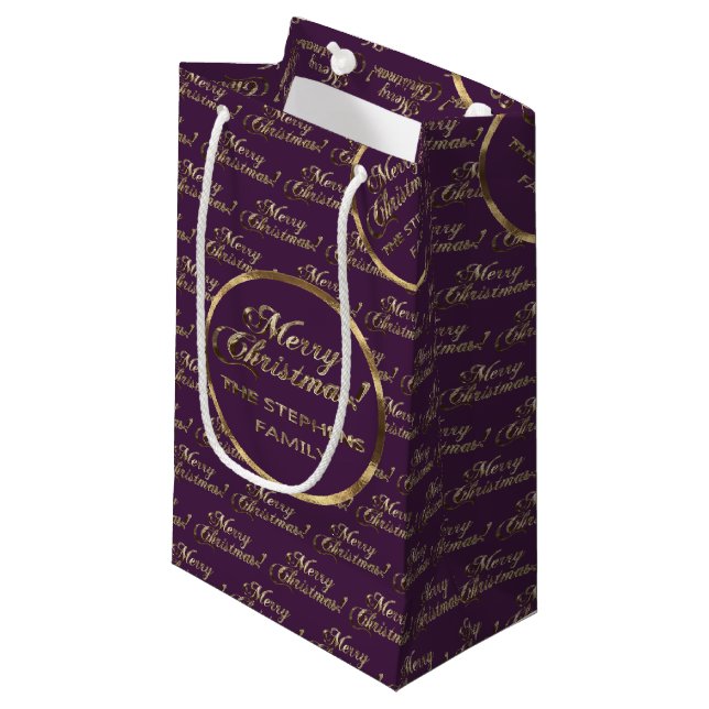 Sacola Para Presentes Pequena A Família Stephens de Natal Purple Faux Dourado (Frente inclinada)