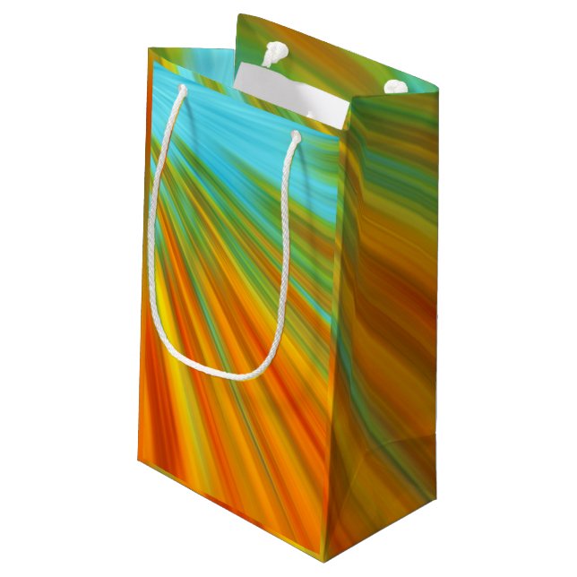 Sacola Para Presentes Pequena Abstrato vermelho amarelo alaranjado listras em az (Verso inclinado)