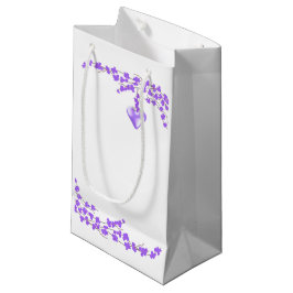 Sacola Para Presentes Pequena Acento de Coração com Flores Roxas