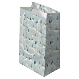 Sacola Para Presentes Pequena Aldeia de Natal Minimalista Azul Nevada