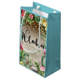 Sacola Para Presentes Pequena Aloha Tropical Madeira Floral Folhas e Luzes Luau