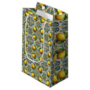Sacola Para Presentes Pequena Amarelo Azul Capri Limão Mediterrâneo Telha Casame