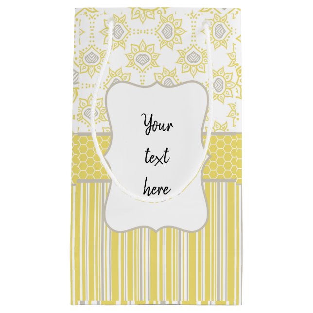 Sacola Para Presentes Pequena Amarelo de abelhas e Cinza Personalizada Geométric (Frente)