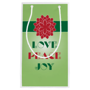 Sacola Para Presentes Pequena Amor Verde e Vermelho Moderno, Paz, citação de Joy