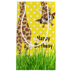 Sacola Para Presentes Pequena Aniversário da Girafa com Óculos nas Bolinhas