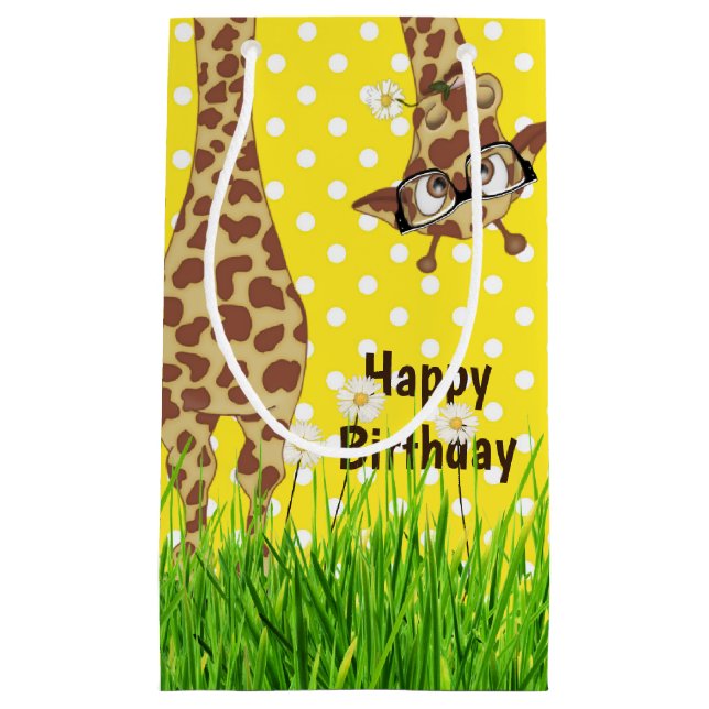 Sacola Para Presentes Pequena Aniversário da Girafa com Óculos nas Bolinhas (Frente)