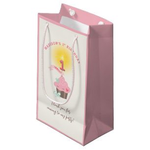 Sacola Para Presentes Pequena Aniversário de 1 ano da Menina do Cupcake Rosa