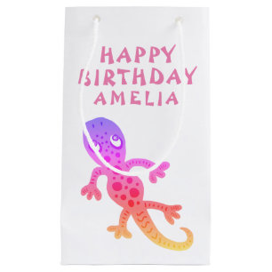 Sacola Para Presentes Pequena Aniversário de criança de Gecko Lizard, Cor-de-R