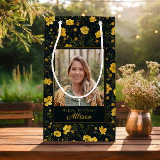 Sacola Para Presentes Pequena Aniversário do Flor Amarelo do Copo Amarelo Elegan