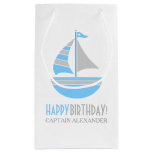 Sacola Para Presentes Pequena Aniversário náutico do veleiro azul e cinzento