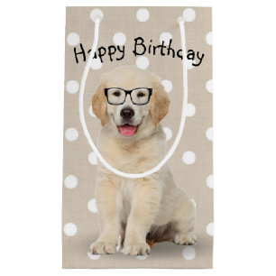 Sacola Para Presentes Pequena Aniversário Ouro Retriever Puppy com Óculos Pequ