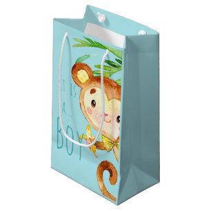 Sacola Para Presentes Pequena Anúncio de Menino Bebê Macaco Fofo Azul 2