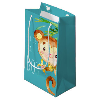 Sacola Para Presentes Pequena Anúncio do Bebê do Macaco Azul