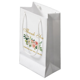 Sacola Para Presentes Pequena Aquarela Rosa Floral Dourada Elegante Agradecemos
