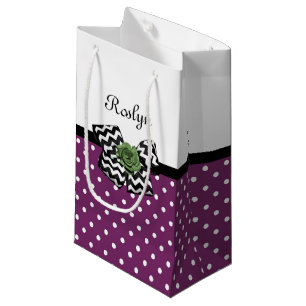 Sacola Para Presentes Pequena Arco Rosa verde de pontos roxos, com nome