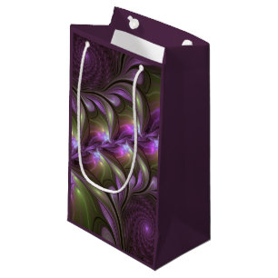 Sacola Para Presentes Pequena Arte Fractal de Khaki, Abstrato violeta e colorida