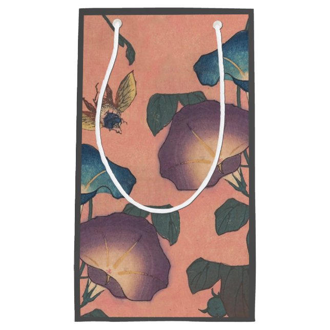 Sacola Para Presentes Pequena Arte Hokusai Clássica de Flor Rosa (Frente)