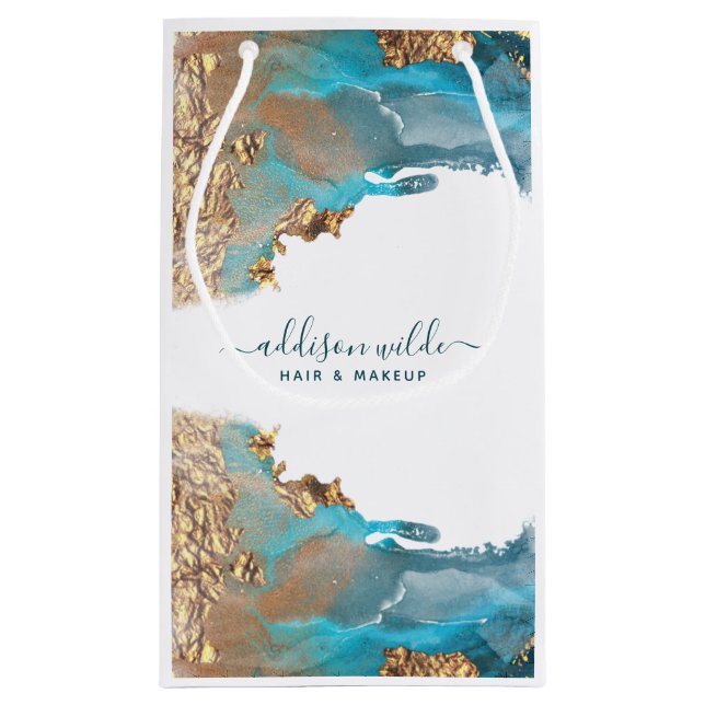 Sacola Para Presentes Pequena Arte Moderna Azul e Dourada Tinta Líquida Negócios (Verso)