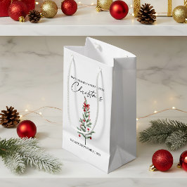 Sacola Para Presentes Pequena Árvore de Natal com Laço Vermelho em Aquarela e Ca