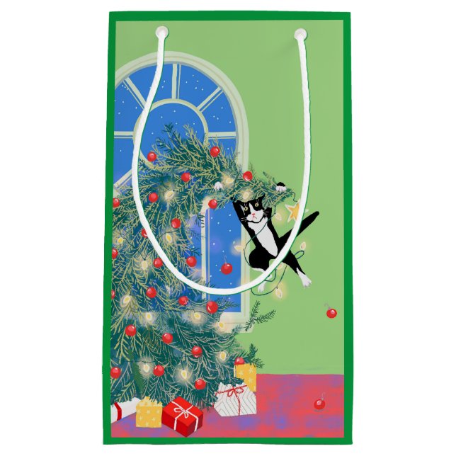 Sacola Para Presentes Pequena Árvore de Natal de Gato Engraçado (Frente)