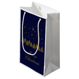 Sacola Para Presentes Pequena Árvore de Natal de ouro faísca, lua, estrelas em a
