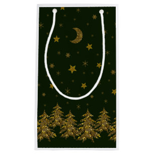 Sacola Para Presentes Pequena Árvore de Natal de ouro faísca, lua, estrelas em v
