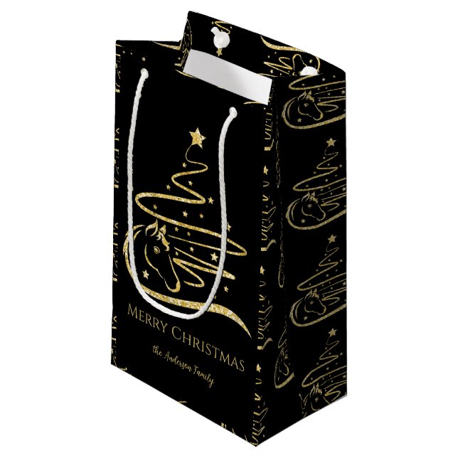 Sacola Para Presentes Pequena Árvore de Natal Dourada da Equestre (Frente inclinada)