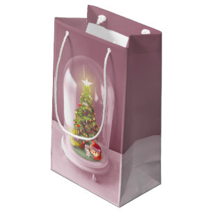 Sacola Para Presentes Pequena Árvore de Natal em um Domo de Vidro