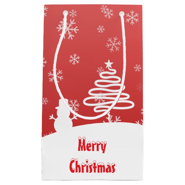 Sacola Para Presentes Pequena Árvore Snowman de inverno Branco (Frente)