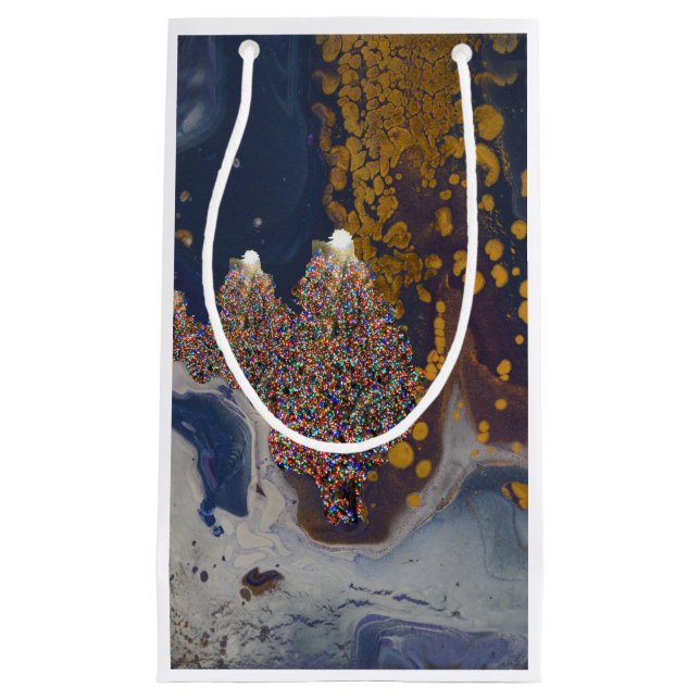 Sacola Para Presentes Pequena Árvores de Natal à Noite (Frente)