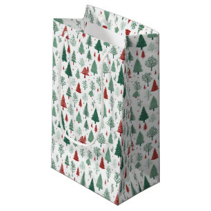 Sacola Para Presentes Pequena Árvores de Natal Boho Vermelhas e Verdes Feriado