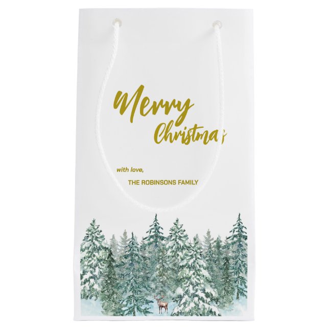 Sacola Para Presentes Pequena Árvores de Natal Merry floresta Script Dourado mod (Frente)