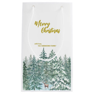 Sacola Para Presentes Pequena Árvores de Natal Merry floresta Script Dourado mod