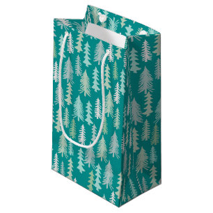 Sacola Para Presentes Pequena Árvores de Natal Pintadas Aqua White Blue Teal