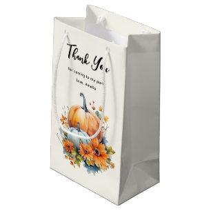 Sacola Para Presentes Pequena Autumn Pumpkins com Flores e Folhagem Obrigado