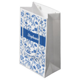 Sacola Para Presentes Pequena Azul Branco Floral Vintage Monograma Nome