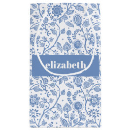 Sacola Para Presentes Pequena Azul e Branco Botânico Floral Nome Personalizado M