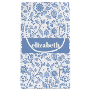 Sacola Para Presentes Pequena Azul e Branco Botânico Floral Nome Personalizado M