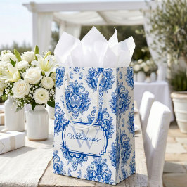 Sacola Para Presentes Pequena Azul Francês Toile Padrão Nome Monograma