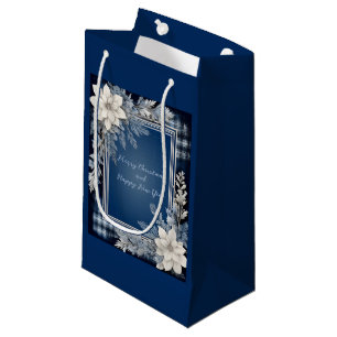 Sacola Para Presentes Pequena Azul marinho e Branco Belo Natal Floral