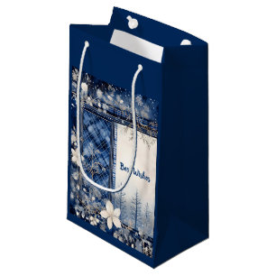 Sacola Para Presentes Pequena Azul marinho e Branco Belo Natal Floral