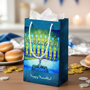 Sacola Para Presentes Pequena Azul Verde Amor Luz Hanukkah Menorah