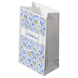 Sacola Para Presentes Pequena Azulejo Azul Francês País Padrão de Limão Monogram