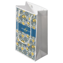 Sacola Para Presentes Pequena Azulejo Azul País Limão Aquarela Monograma Pequeno