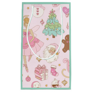 Sacola Para Presentes Pequena Bailarina de Natal e Papai Noel em Pastel Rosa