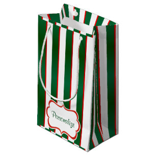 Sacola Para Presentes Pequena Bandas de Natal em Branco, Verde e Vermelho