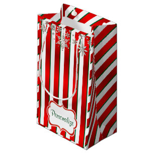 Sacola Para Presentes Pequena Bandas de Natal em Branco, Verde e Vermelho