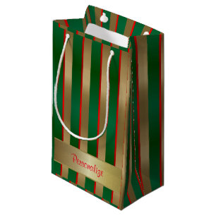 Sacola Para Presentes Pequena Bandas de Natal em Dourado, Verde e Vermelho